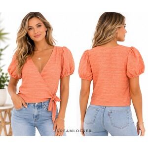 Line and Dot REVOLVE Top Small Zoe Wrap Linen Blend Puff Sleeve V-Neck Orange